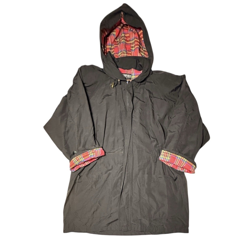Complices Stewart Plaid Jacket Womens L Black Hooded Flannel Red‎ Tartan Shacket